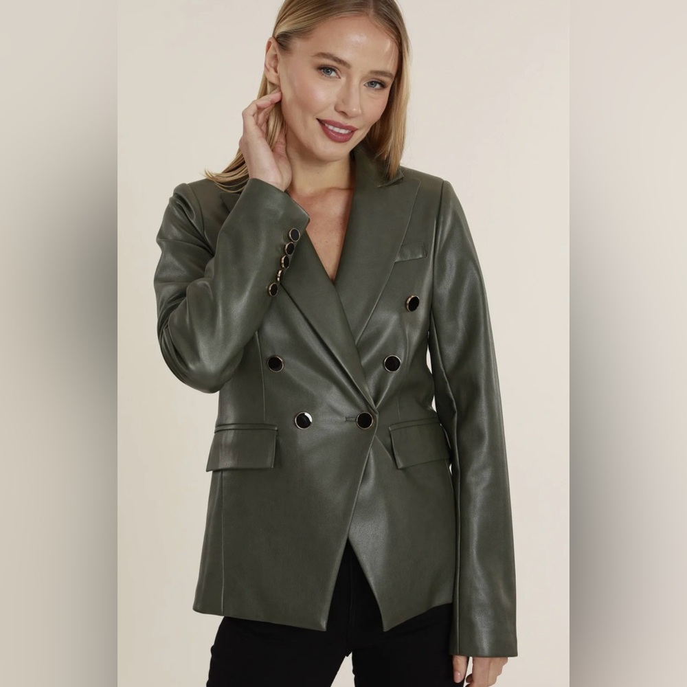 Dolce Cabo Double Breasted Vegan Leather Jacket/Blazer Olive Green Small New
